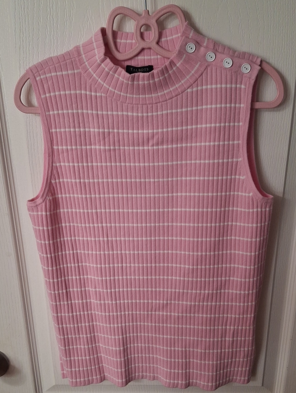 Talbots Pink & White Striped Sleeveless Mock Neck Tank  NWOT  Size MP